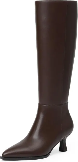 Modatope Knee High Boots Kitten Low Heel Faux Leather Pointed Toe Side Zipper Fall Long Tall Boots for Women