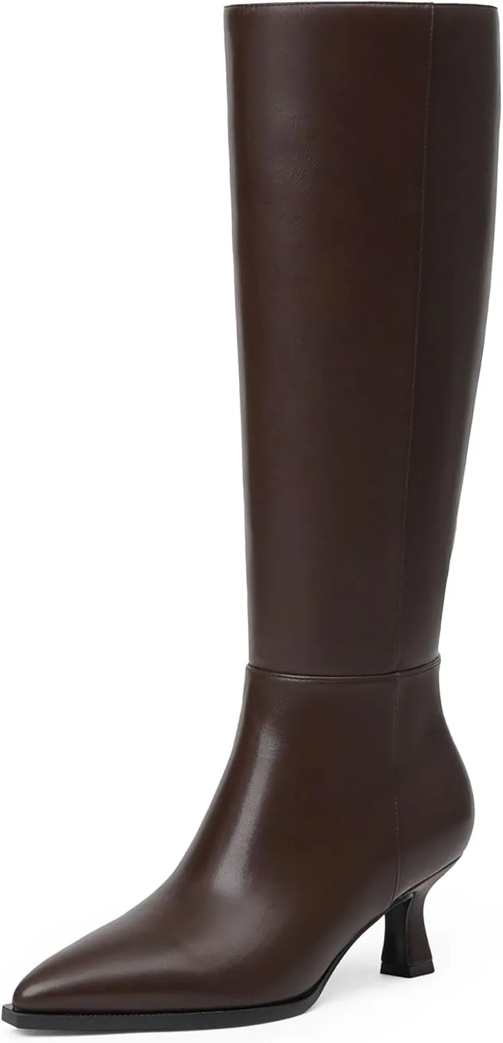 Modatope Knee High Boots Kitten Low Heel Faux Leather Pointed Toe Side Zipper Fall Long Tall Boots for Women