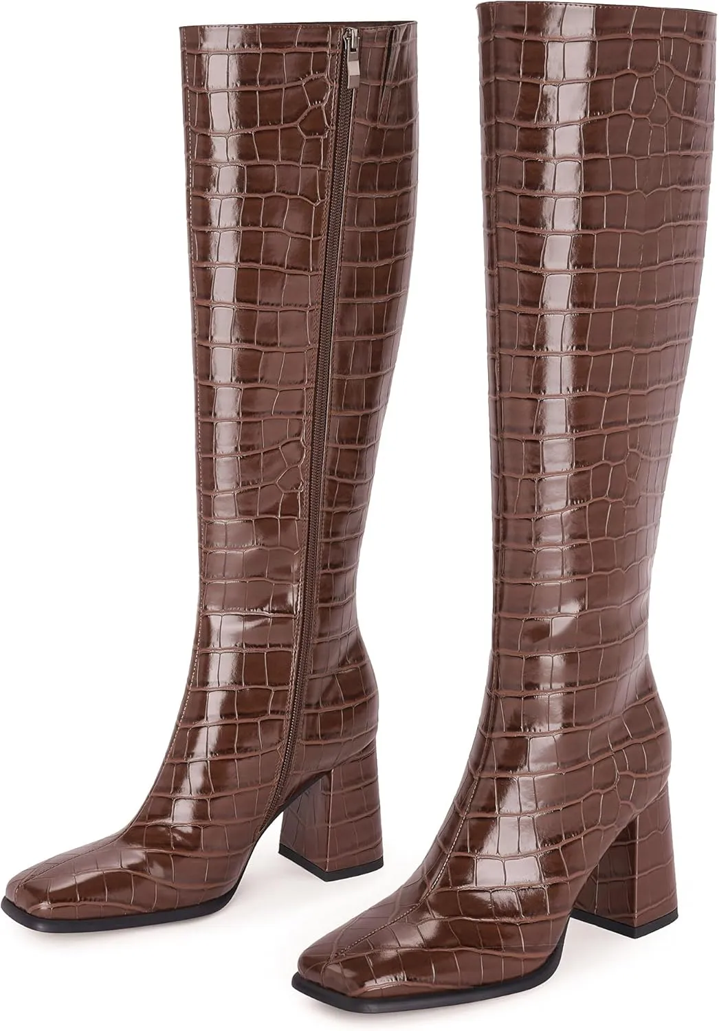 Modatope Knee High Boots Women Chunky Heel Square Toe Tall Boot for Women High Heel Side Zipper Long Boots