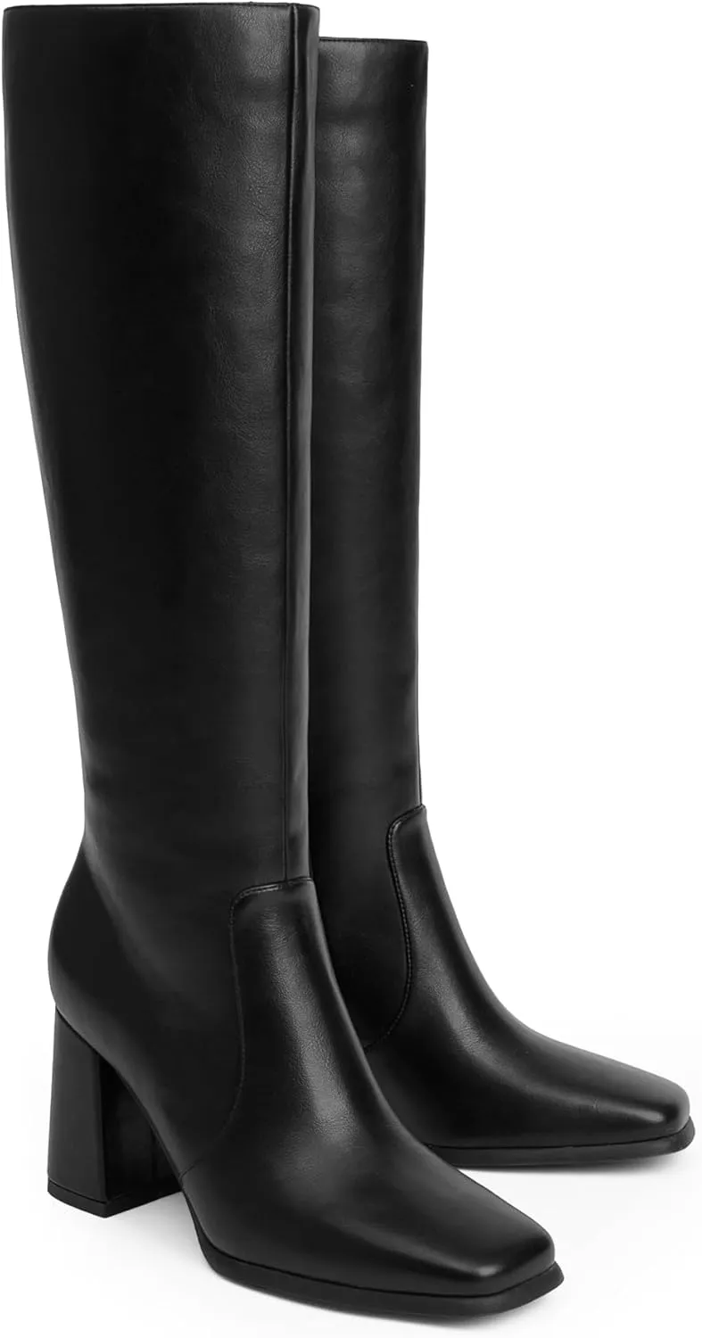 Modatope Knee High Boots Women Chunky Heel Square Toe Tall Boots for Women High Heel Side Zipper Long Boots