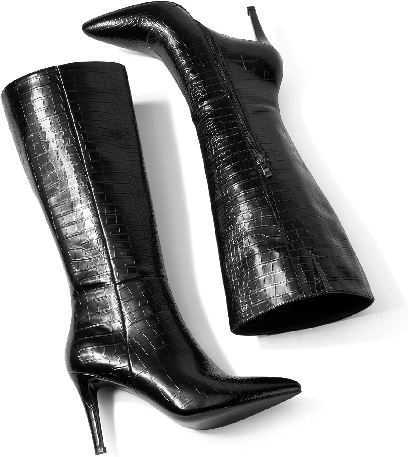 Modatope Knee High Boots Women Tall Boots Pointed Toe Stiletto High Heel Side Zipper Long Boots for Women Faux Crocodile Boots, Not Wide Calf