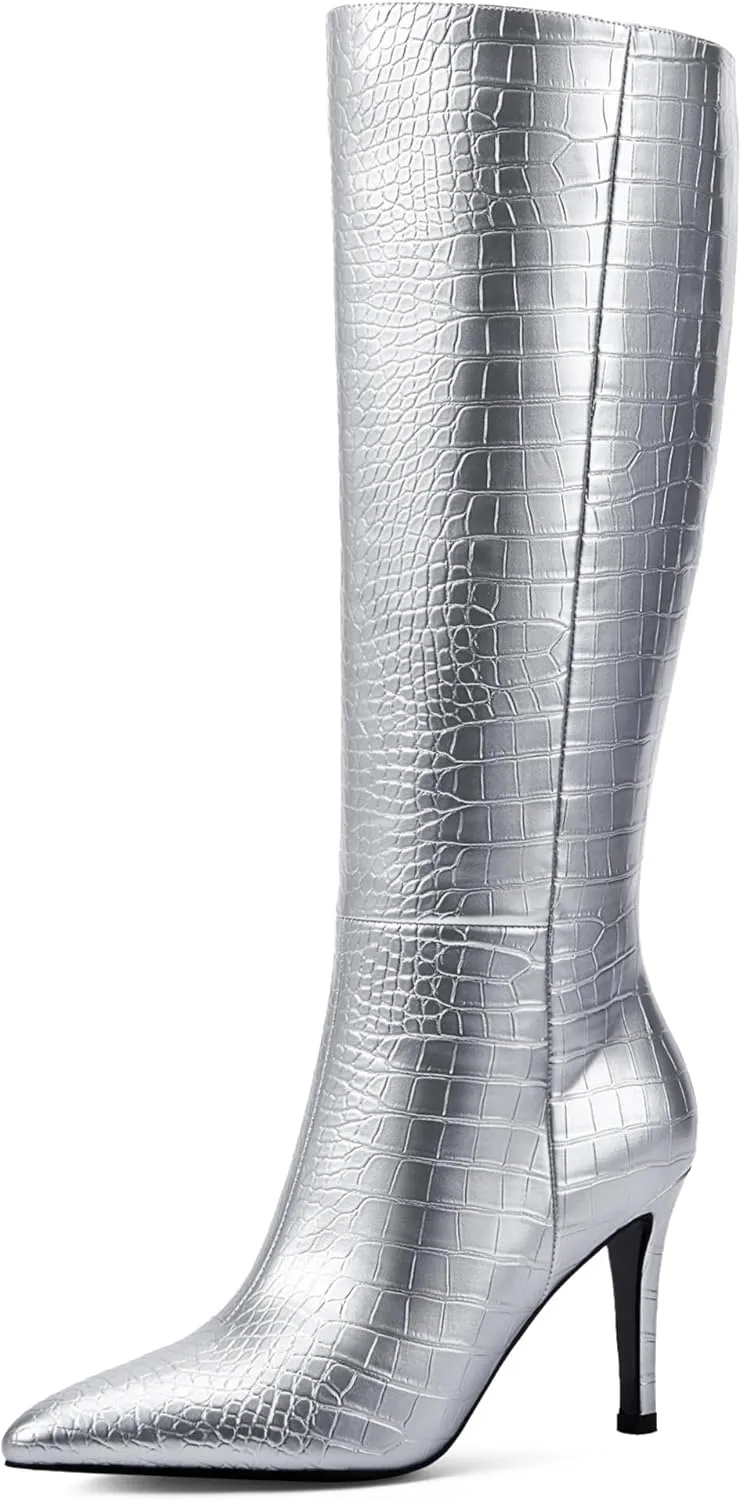 Modatope Knee High Boots Women Tall Boots Pointed Toe Stiletto High Heel Side Zipper Long Boots for Women Faux Crocodile Boots, Not Wide Calf