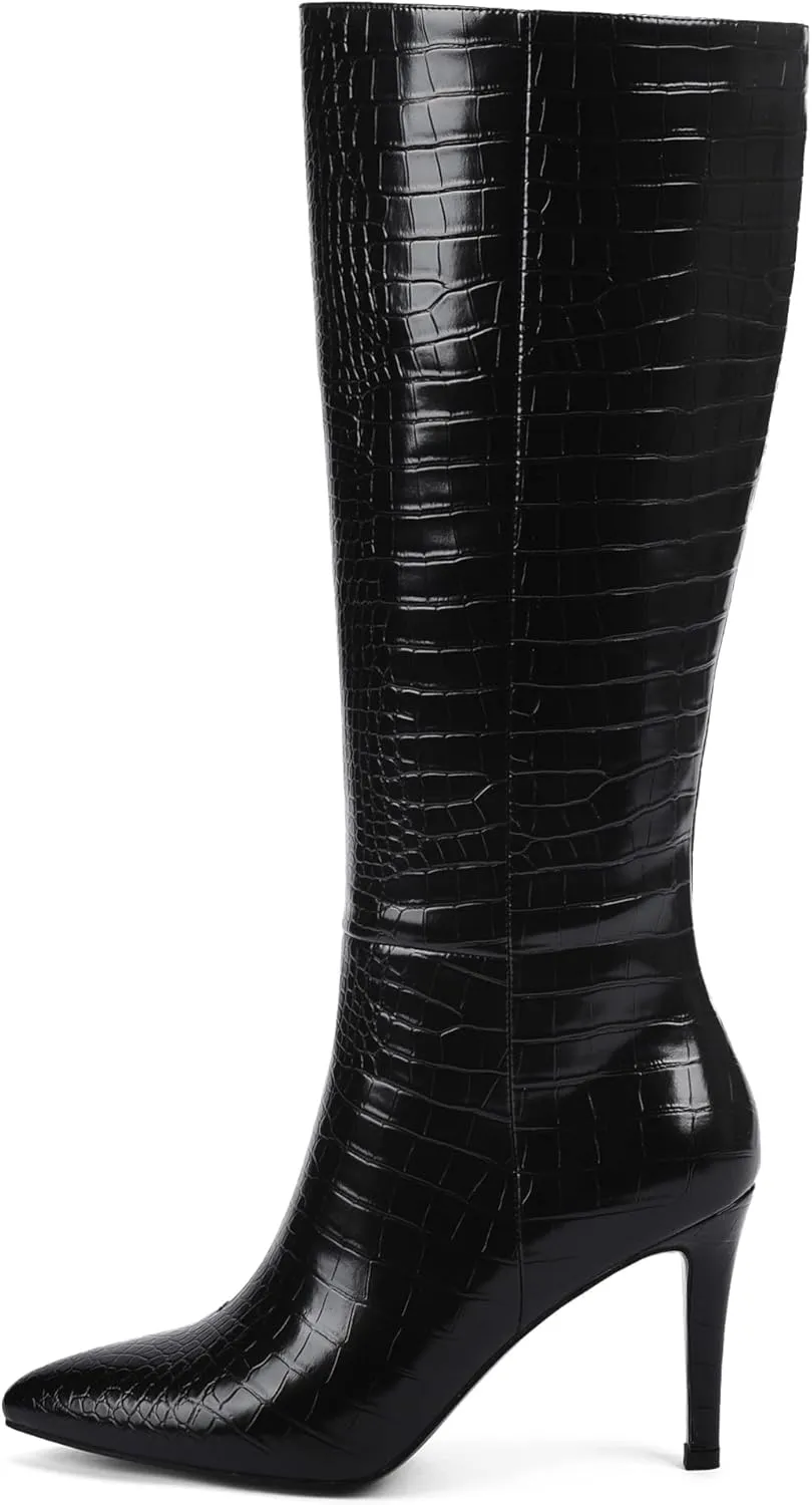 Modatope Knee High Boots Women Tall Boots Pointed Toe Stiletto High Heel Side Zipper Long Boots for Women Faux Crocodile Boots, Not Wide Calf