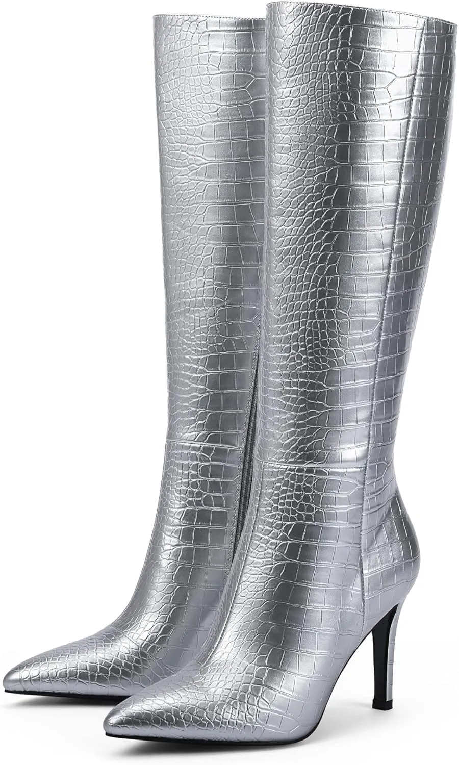 Modatope Knee High Boots Women Tall Boots Pointed Toe Stiletto High Heel Side Zipper Long Boots for Women Faux Crocodile Boots, Not Wide Calf