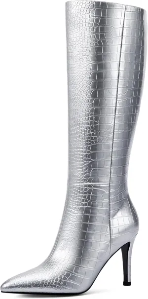 Modatope Knee High Boots Women Tall Boots Pointed Toe Stiletto High Heel Side Zipper Long Boots for Women Faux Crocodile Boots, Not Wide Calf
