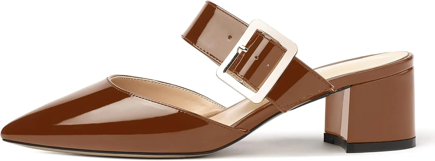 MODENCOCO Women's Adjustable Strap Buckle Patent Solid Pointed Toe Chunky Low Heel Mules Evening Dress Pumps Shoes 2 Inch