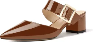 MODENCOCO Women's Adjustable Strap Buckle Patent Solid Pointed Toe Chunky Low Heel Mules Evening Dress Pumps Shoes 2 Inch