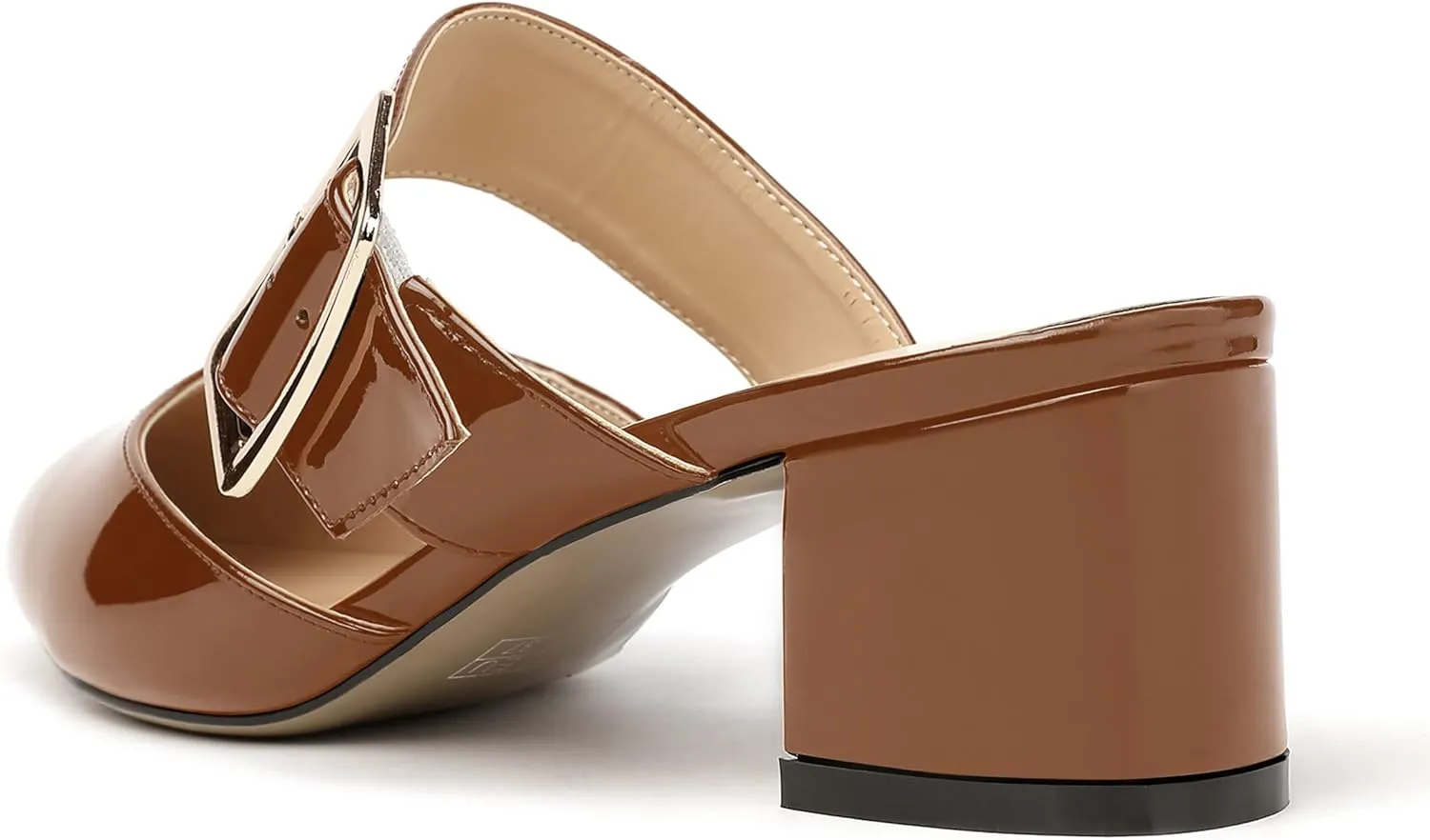 MODENCOCO Women's Adjustable Strap Buckle Patent Solid Pointed Toe Chunky Low Heel Mules Evening Dress Pumps Shoes 2 Inch