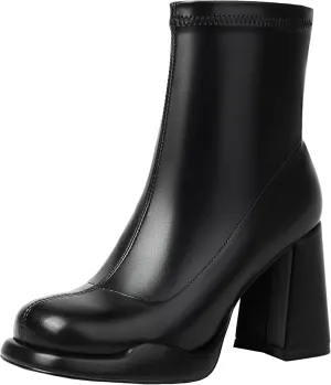 Mofirdast Gogo Boots Platform Chunky Heel Ankle Boots for Women, Square Toe Mid Calf Boots with Side Zippers for Party, Cosplay, or Dance