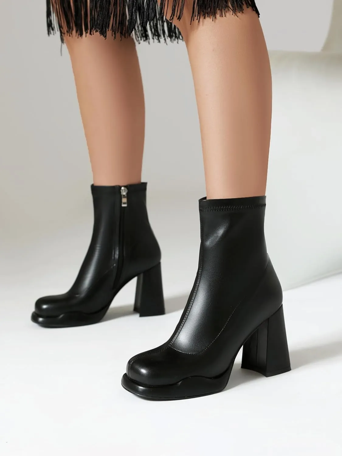 Mofirdast Gogo Boots Platform Chunky Heel Ankle Boots for Women, Square Toe Mid Calf Boots with Side Zippers for Party, Cosplay, or Dance