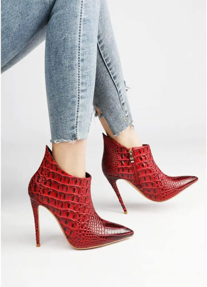 MOOMMO Vintage Pointed Toe Stiletto Heels Ankle Boots for Women Animal Print Side Zip 5 Inch High Heel Leopard Crocodile Boots Zipper Snakeskin Dress Boot Suede Booties Dressy Fashion Party 4-12 M US