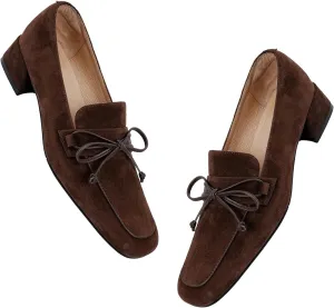 MOOMMO Women Chunky Low Heel Loafers Bow Suede Slip On Closed Square Toe Loafer Shoes Oxfords Comfy 1 Inch Block Heels Dress Shoes Pumps Office Work Pumps Vintage Retro Comfy 4-11 M US