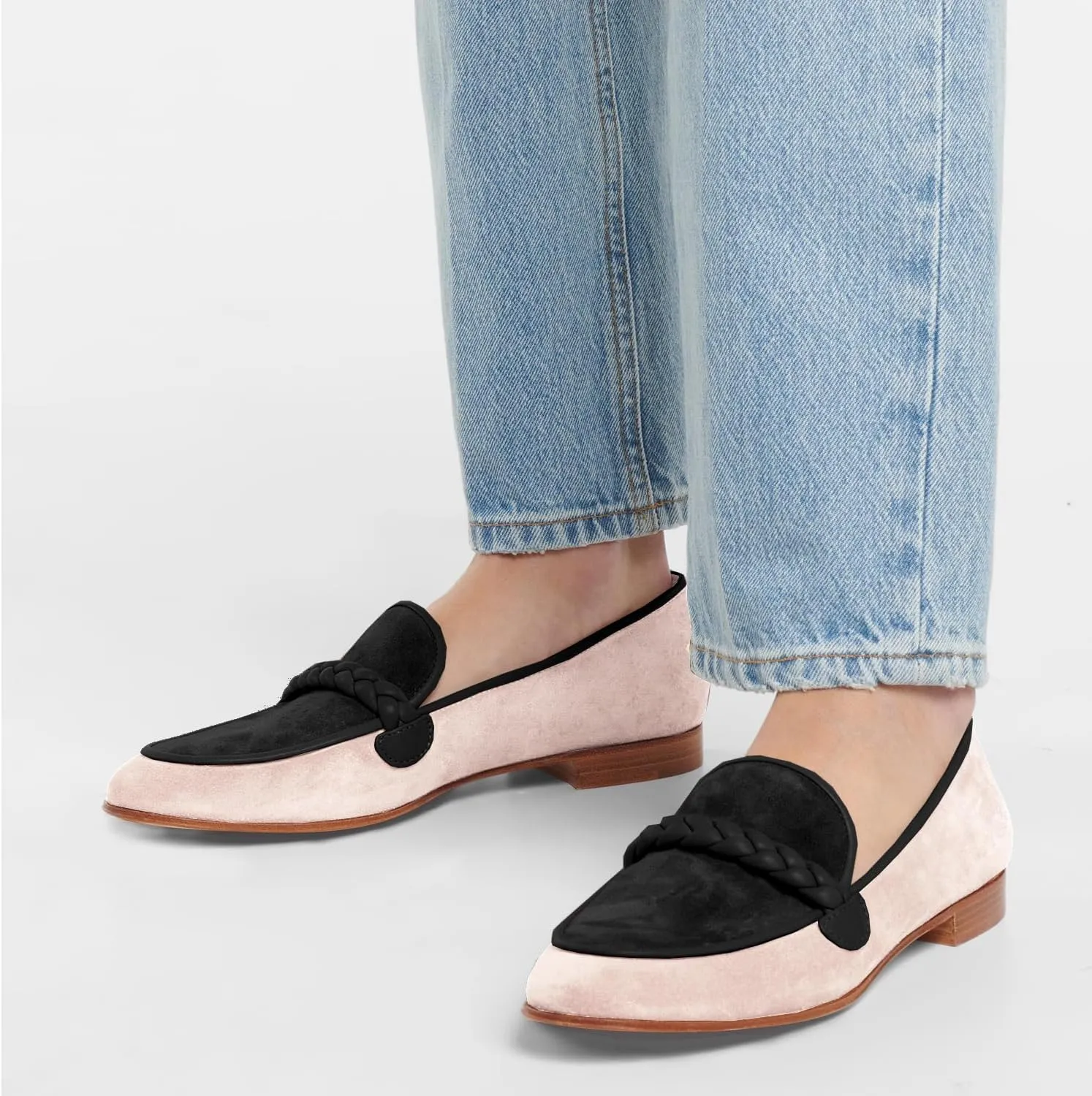 MOOMMO Women Comfortable Suede Loafer Flats Closed Round Toe Slip On Penny Loafers Knitted Strap Oxford Loafer Shoes for Office Ladies Work Daily Casual Club Driver Flats Spring Elegant 4-11 M US