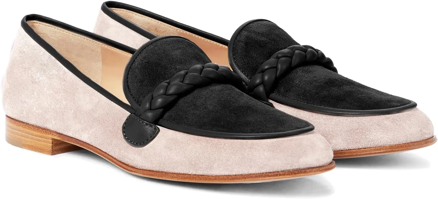 MOOMMO Women Comfortable Suede Loafer Flats Closed Round Toe Slip On Penny Loafers Knitted Strap Oxford Loafer Shoes for Office Ladies Work Daily Casual Club Driver Flats Spring Elegant 4-11 M US