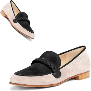 MOOMMO Women Comfortable Suede Loafer Flats Closed Round Toe Slip On Penny Loafers Knitted Strap Oxford Loafer Shoes for Office Ladies Work Daily Casual Club Driver Flats Spring Elegant 4-11 M US