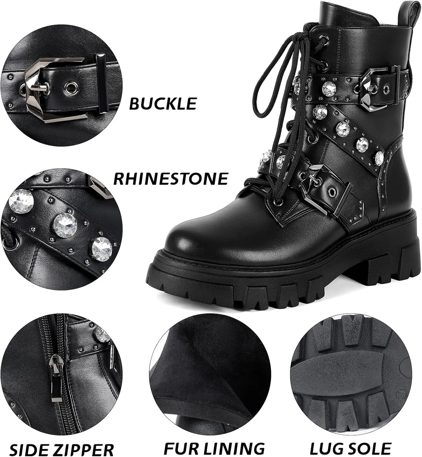 Motorcycle Boots for Women Combat Boots Rhinestone