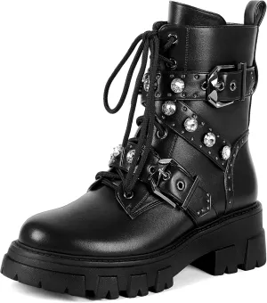 Motorcycle Boots for Women Combat Boots Rhinestone