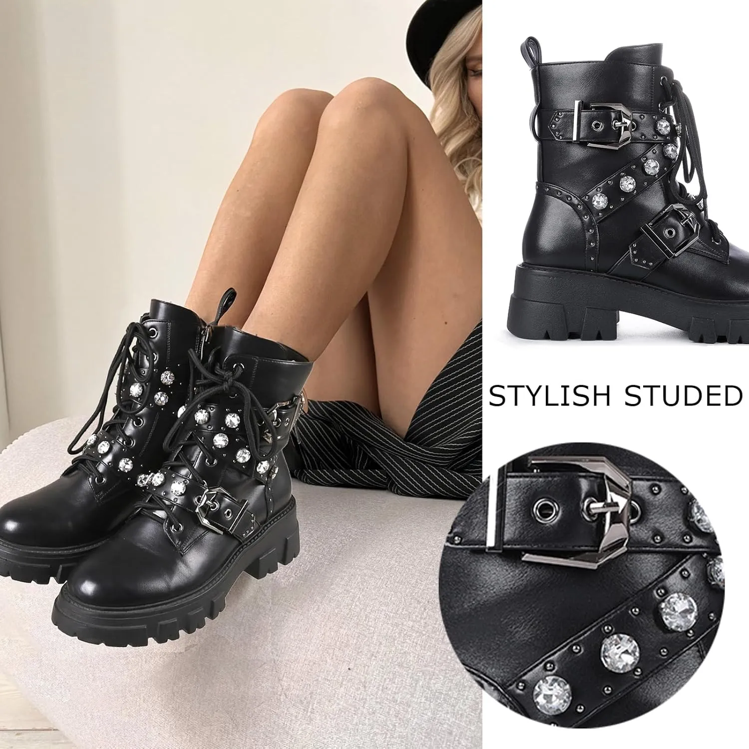 Motorcycle Boots for Women Combat Boots Rhinestone