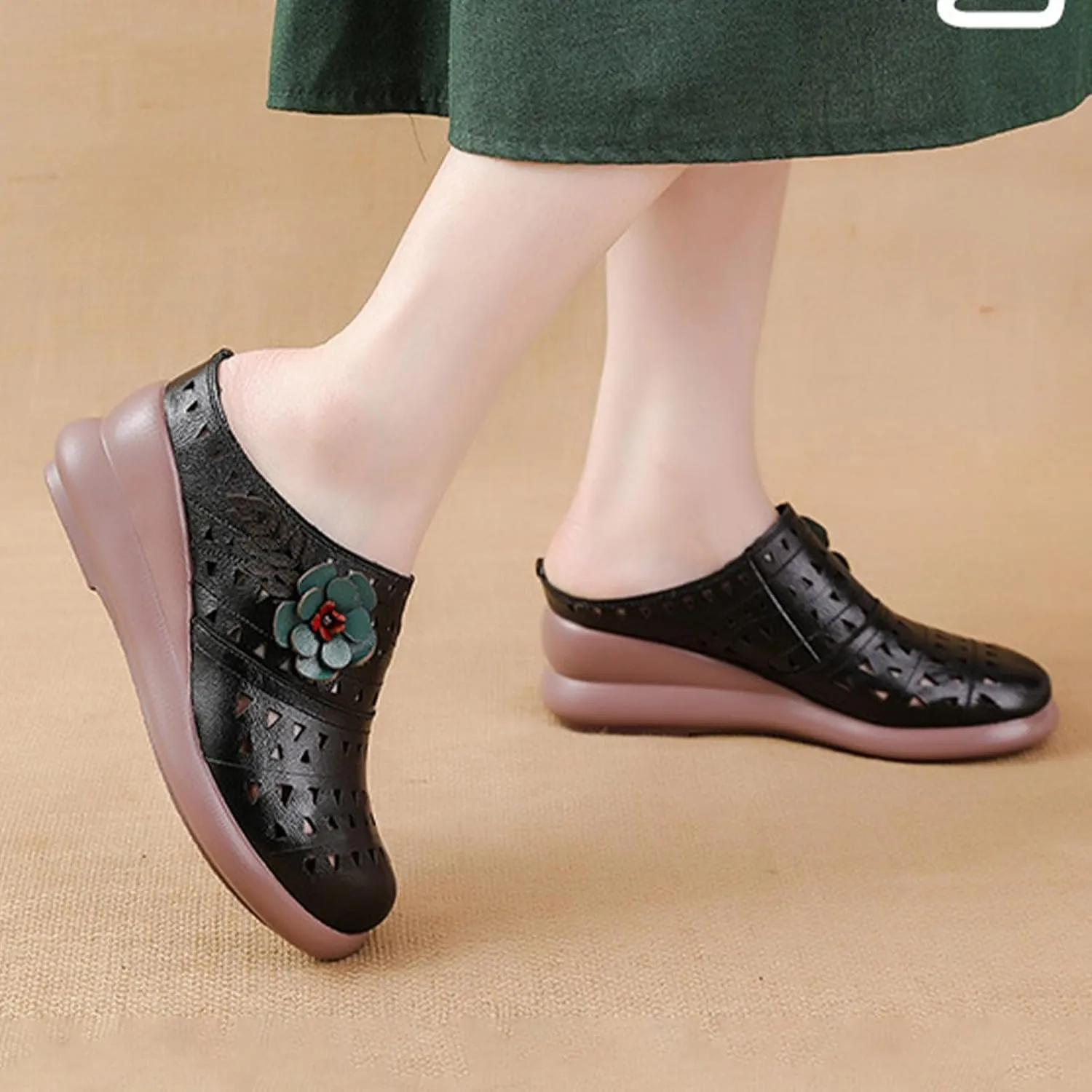 MOYOWEI Women's Summer Closed Toe Wedge Mules,Vintage Comfort Hollow Slip-on Clogs Softsole Flowers Slides Casual Dress Sandals