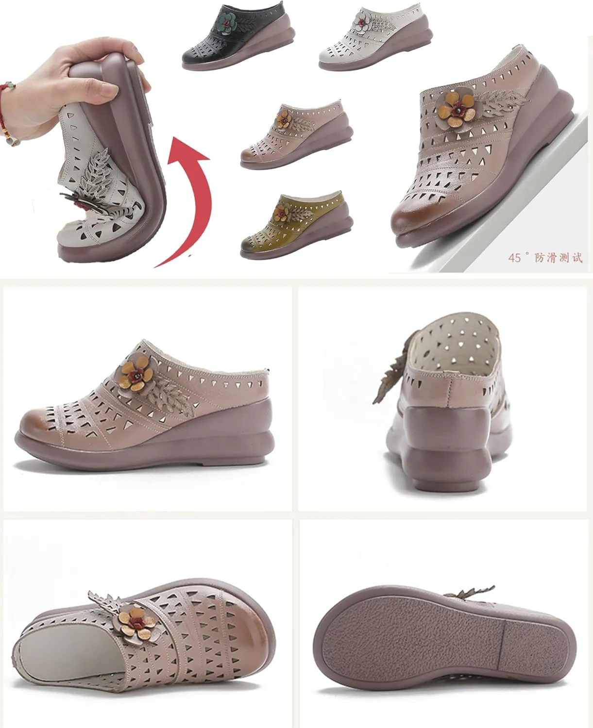 MOYOWEI Women's Summer Closed Toe Wedge Mules,Vintage Comfort Hollow Slip-on Clogs Softsole Flowers Slides Casual Dress Sandals