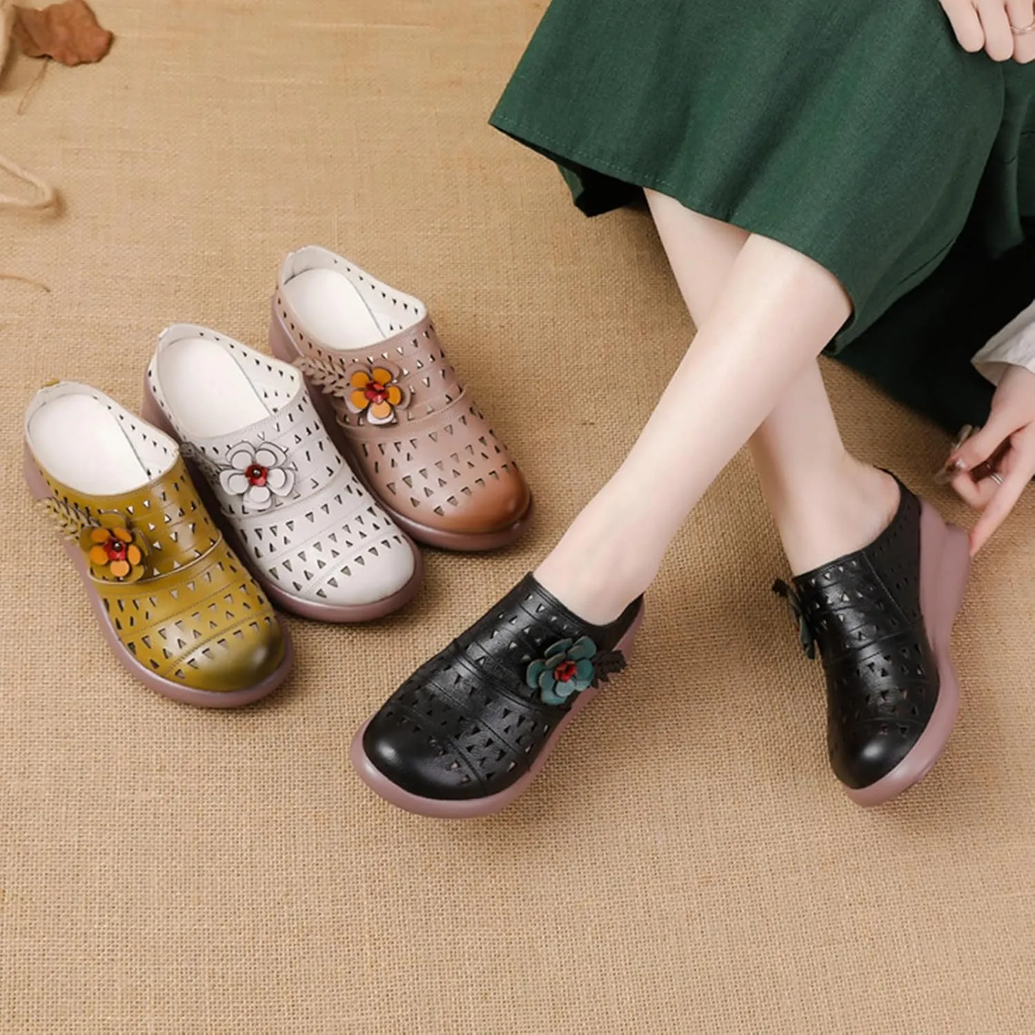 MOYOWEI Women's Summer Closed Toe Wedge Mules,Vintage Comfort Hollow Slip-on Clogs Softsole Flowers Slides Casual Dress Sandals