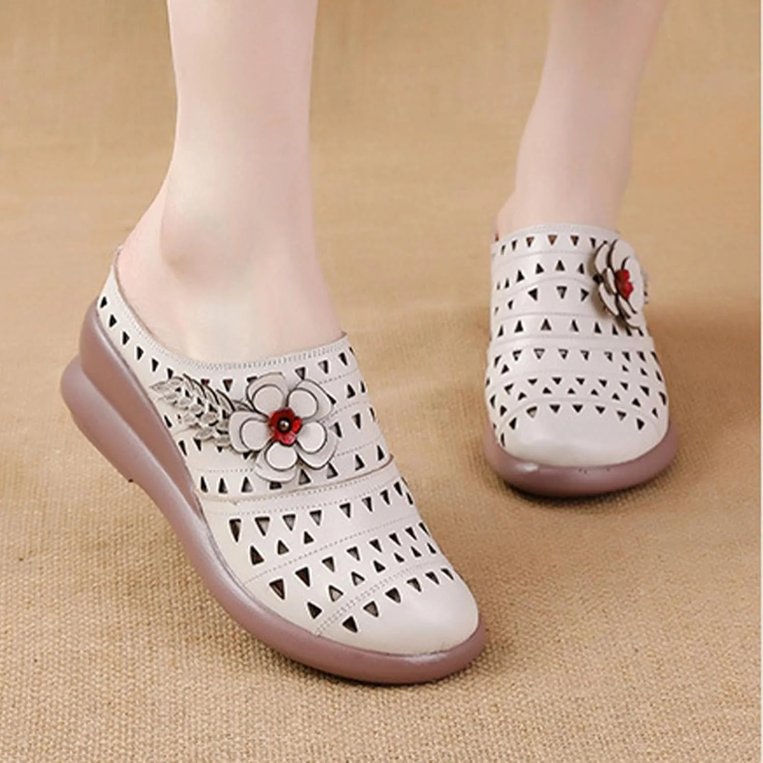 MOYOWEI Women's Summer Closed Toe Wedge Mules,Vintage Comfort Hollow Slip-on Clogs Softsole Flowers Slides Casual Dress Sandals