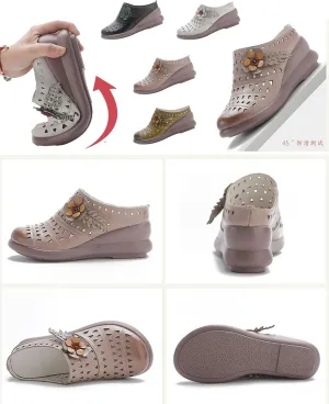 MOYOWEI Women's Summer Closed Toe Wedge Mules,Vintage Comfort Hollow Slip-on Clogs Softsole Flowers Slides Casual Dress Sandals