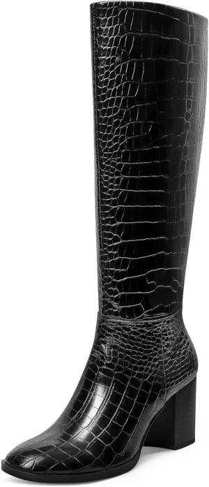 MUCCCUTE Boots for Women Knee High - Chunky Heel Round Toe Pull On Tall Boots Long Boot