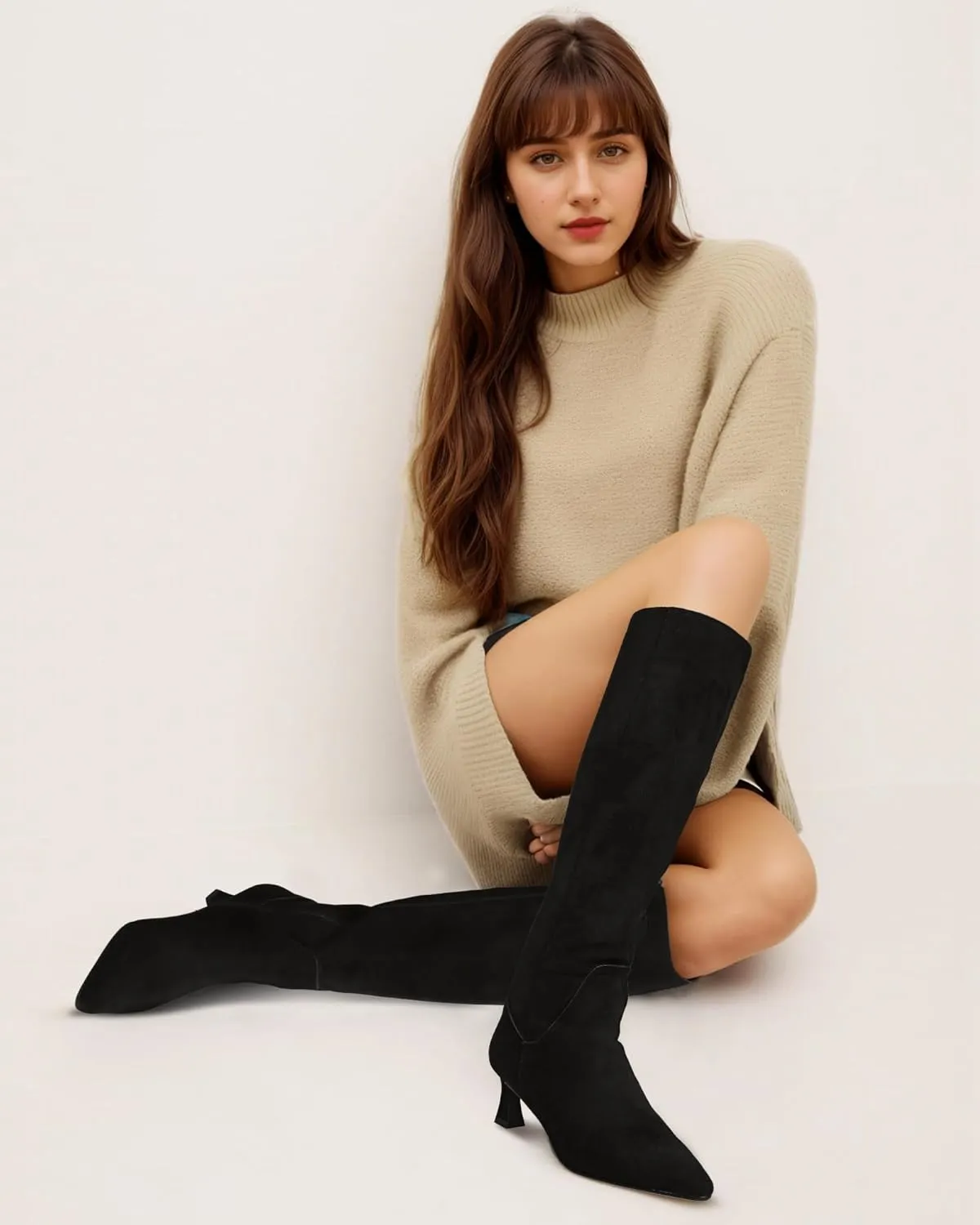 MUCCCUTE Knee High Boots for Women Kitten Heel Tall Boots Pointed Toe Slip On Sexy Fashion Long Botas with Full Side Zipper