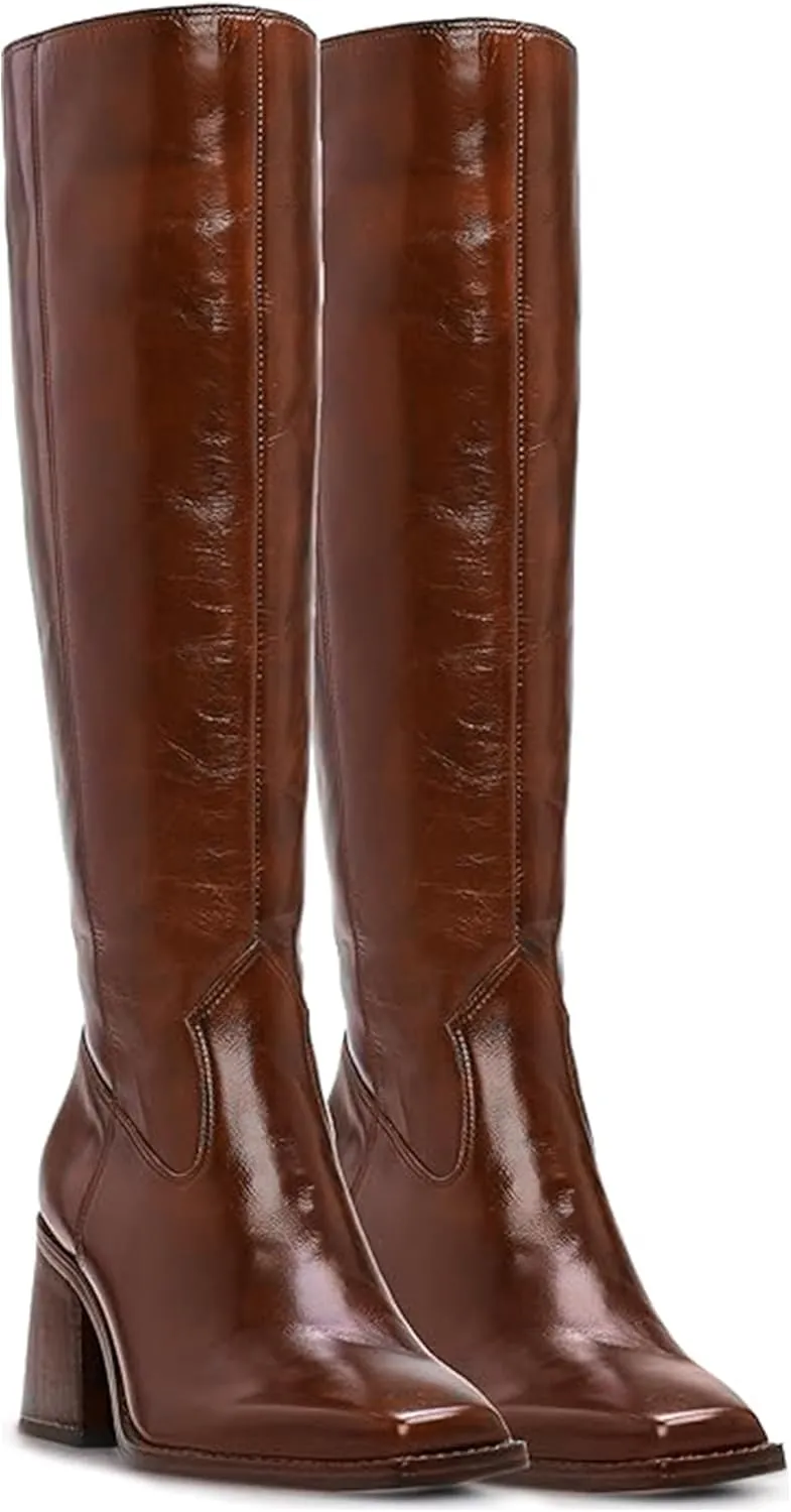 MUCCCUTE Knee High Boots for Women - Square Toe Chunky Block Heel Boots with Side Zipper Pull On Tall Boot