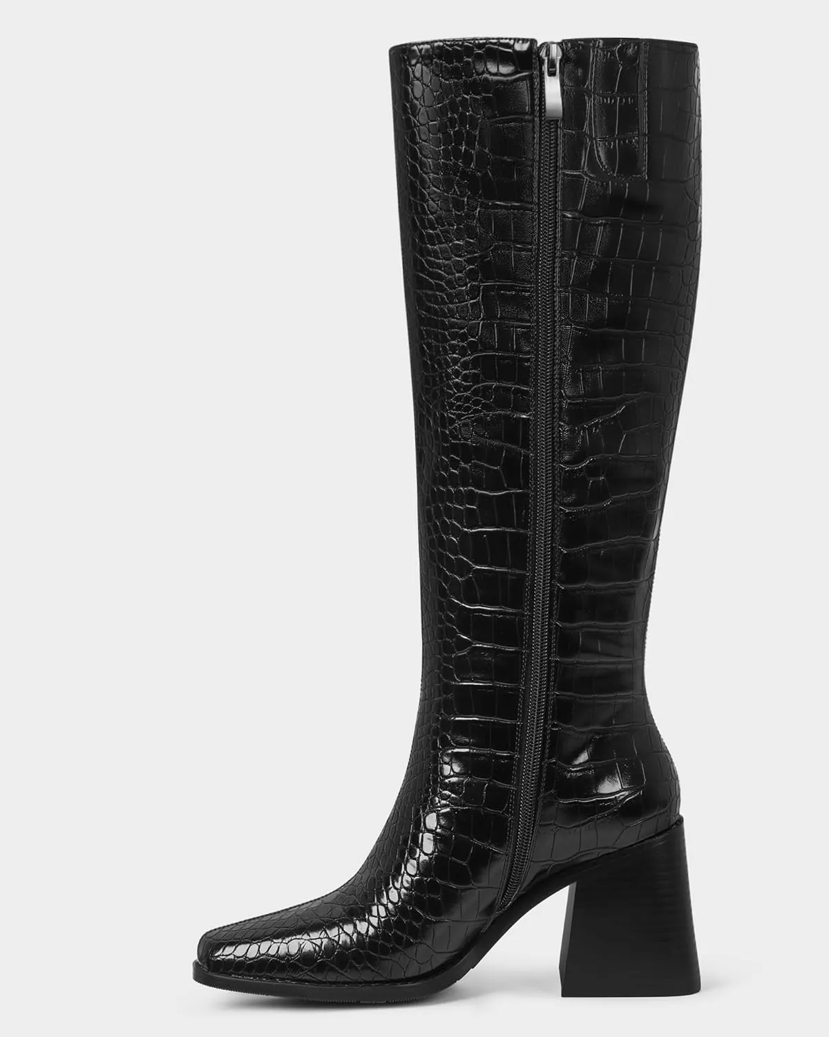 MUCCCUTE Knee High Boots Women - Faux Crocodile Boots Chunky Heel Square Toe Tall Boots Side Zipper GoGo Long Boot Pull On