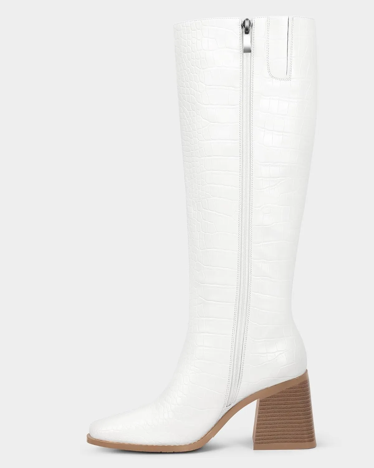 MUCCCUTE Knee High Boots Women - Faux Crocodile Boots Chunky Heel Square Toe Tall Boots Side Zipper GoGo Long Boot Pull On