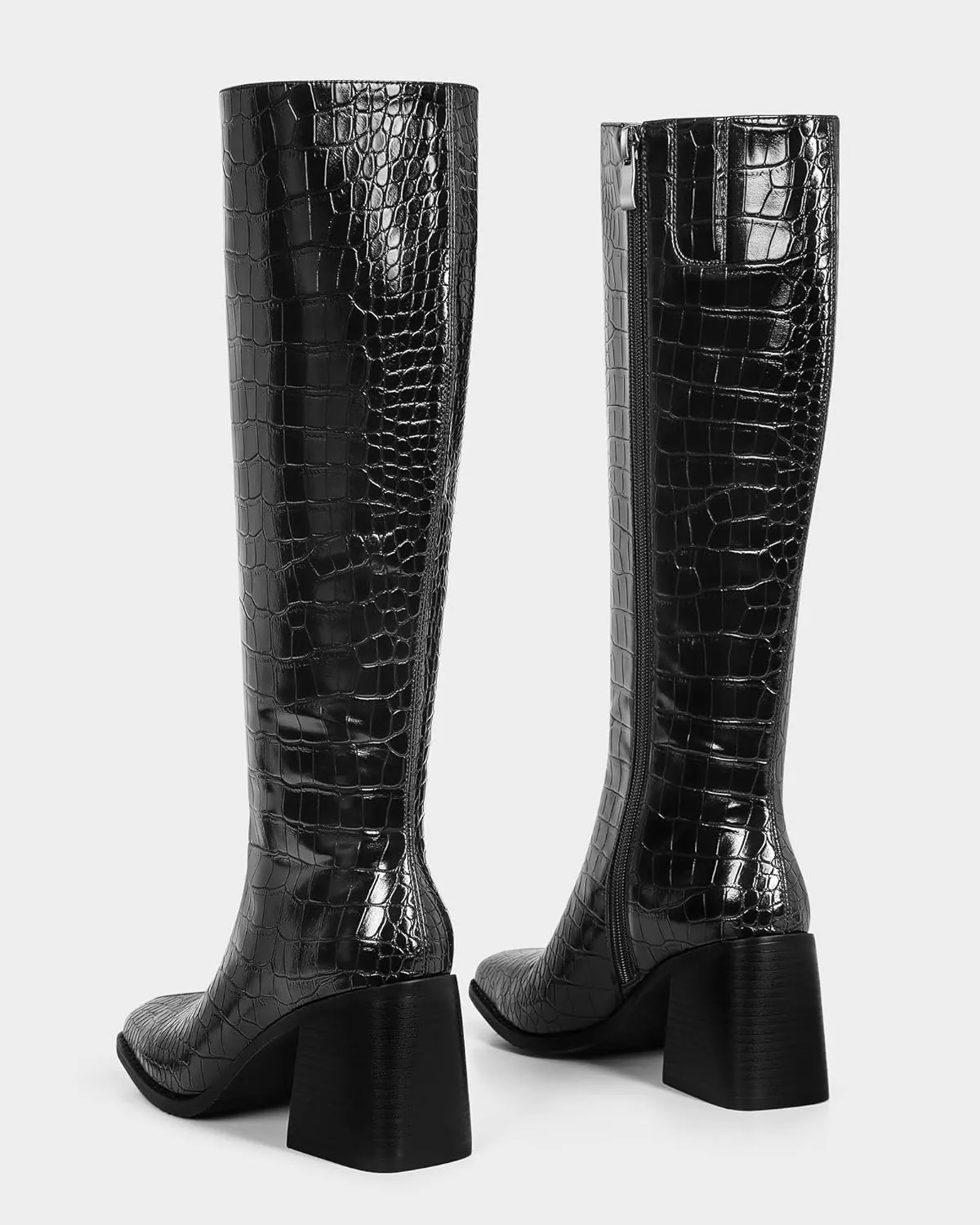 MUCCCUTE Knee High Boots Women - Faux Crocodile Boots Chunky Heel Square Toe Tall Boots Side Zipper GoGo Long Boot Pull On