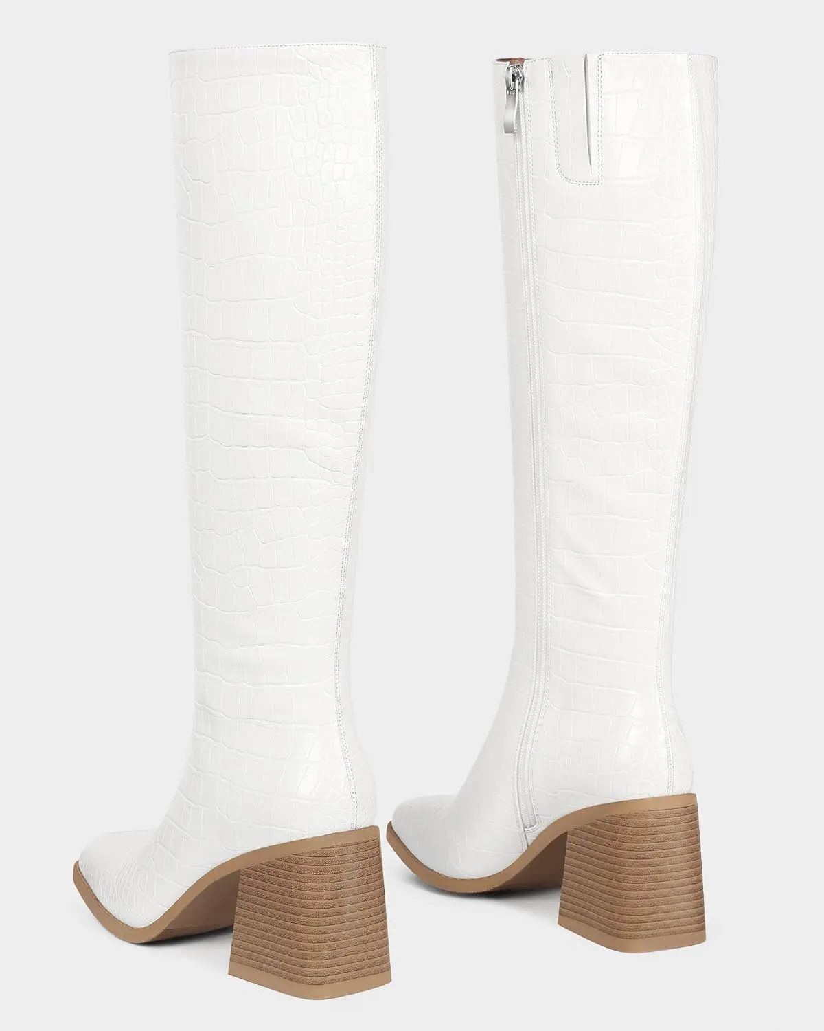 MUCCCUTE Knee High Boots Women - Faux Crocodile Boots Chunky Heel Square Toe Tall Boots Side Zipper GoGo Long Boot Pull On