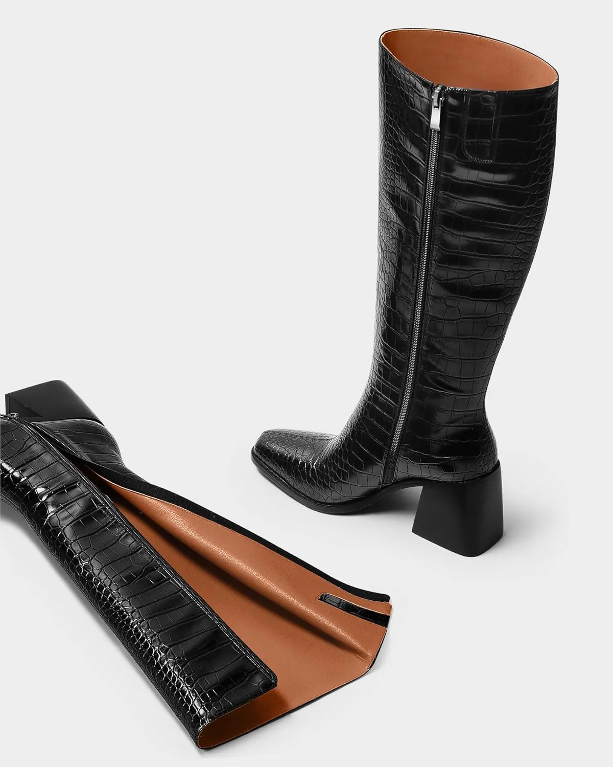 MUCCCUTE Knee High Boots Women - Faux Crocodile Boots Chunky Heel Square Toe Tall Boots Side Zipper GoGo Long Boot Pull On