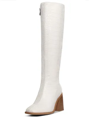 MUCCCUTE Knee High Boots Women - Faux Crocodile Boots Chunky Heel Square Toe Tall Boots Side Zipper GoGo Long Boot Pull On