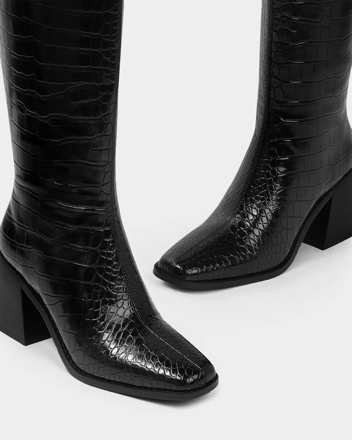 MUCCCUTE Knee High Boots Women - Faux Crocodile Boots Chunky Heel Square Toe Tall Boots Side Zipper GoGo Long Boot Pull On