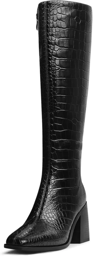 MUCCCUTE Knee High Boots Women - Faux Crocodile Boots Chunky Heel Square Toe Tall Boots Side Zipper GoGo Long Boot Pull On