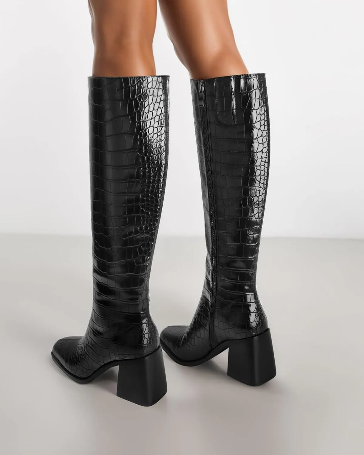 MUCCCUTE Knee High Boots Women - Faux Crocodile Boots Chunky Heel Square Toe Tall Boots Side Zipper GoGo Long Boot Pull On