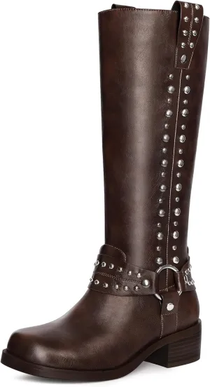MUCCCUTE Knee High Boots Women Square Toe Riding Boots Low Chunky Heel Tall Moto Boots Trendy Pull On Buckle Motorcycle Boots