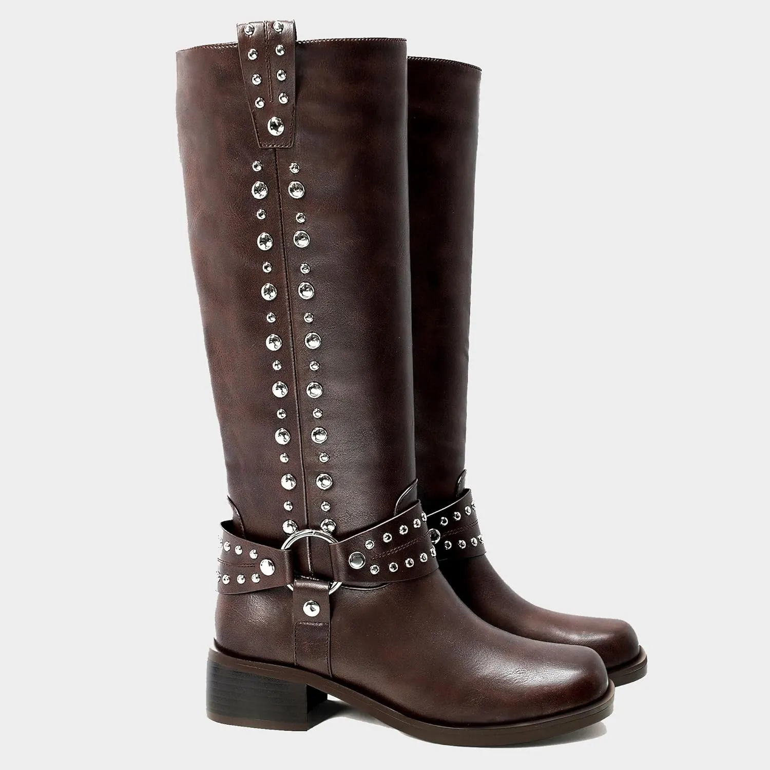 MUCCCUTE Knee High Boots Women Square Toe Riding Boots Low Chunky Heel Tall Moto Boots Trendy Pull On Buckle Motorcycle Boots