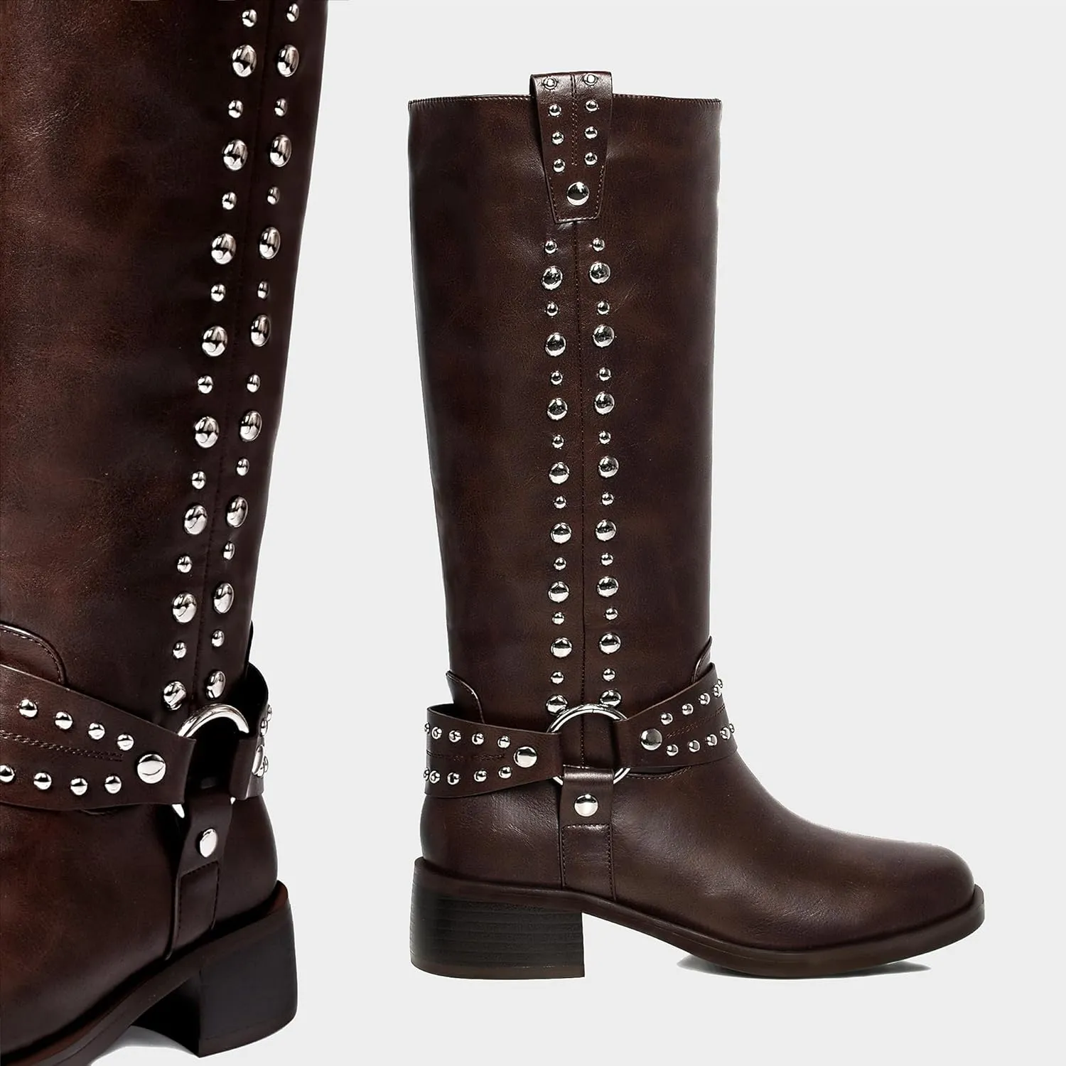 MUCCCUTE Knee High Boots Women Square Toe Riding Boots Low Chunky Heel Tall Moto Boots Trendy Pull On Buckle Motorcycle Boots