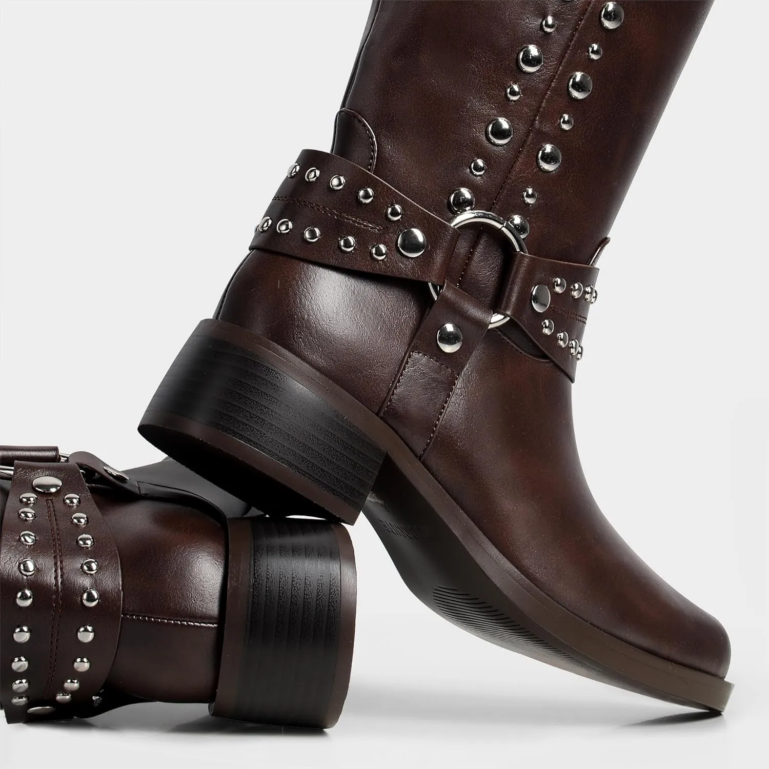 MUCCCUTE Knee High Boots Women Square Toe Riding Boots Low Chunky Heel Tall Moto Boots Trendy Pull On Buckle Motorcycle Boots