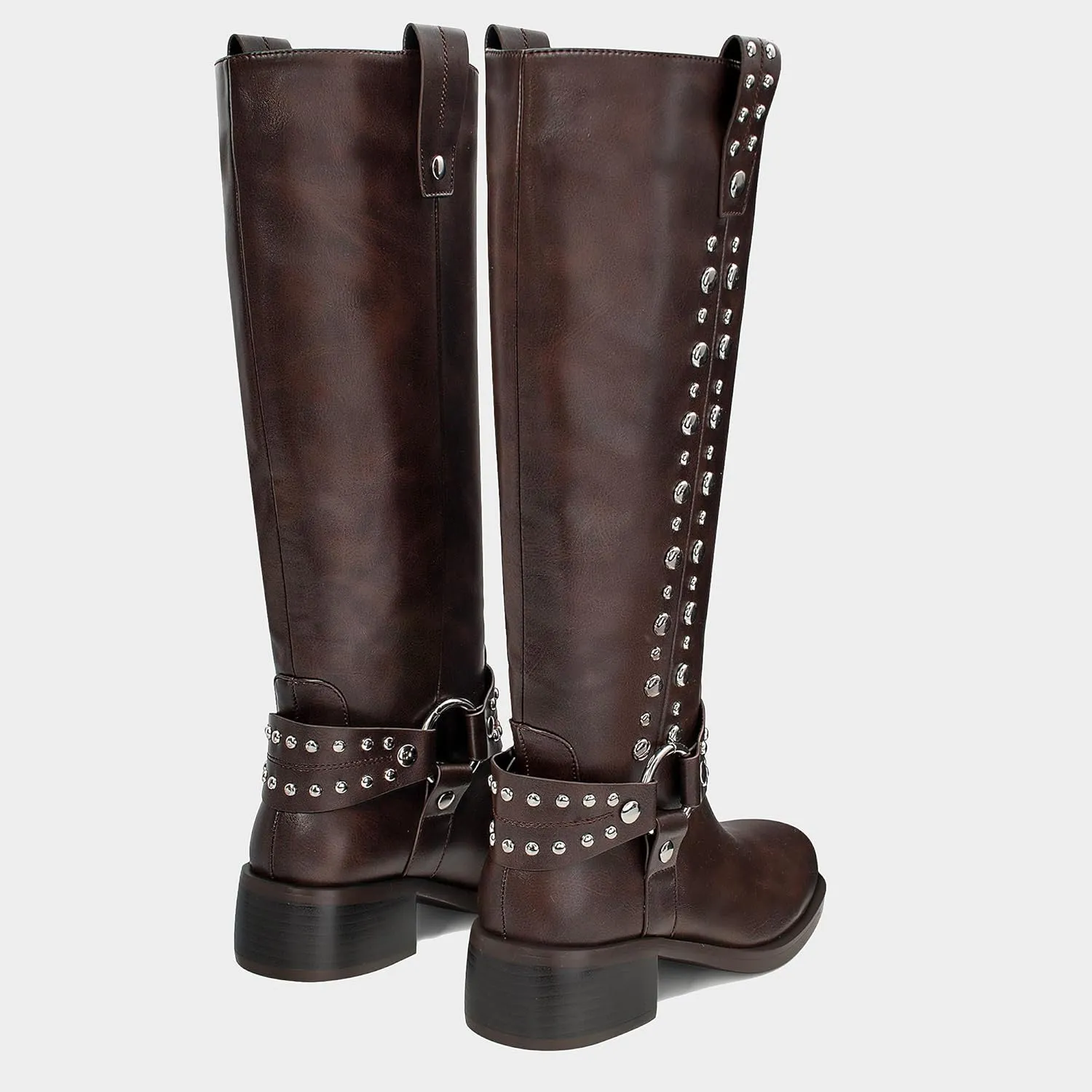MUCCCUTE Knee High Boots Women Square Toe Riding Boots Low Chunky Heel Tall Moto Boots Trendy Pull On Buckle Motorcycle Boots