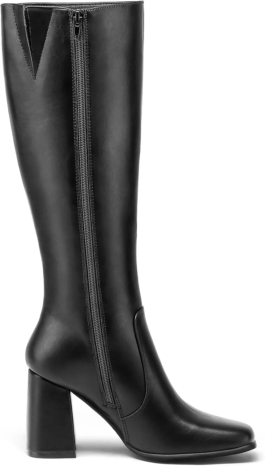 mysoft Women's Knee High Boots Block Chunky Heel Square Toe Tall Boots Side Zipper Long Dress Boots
