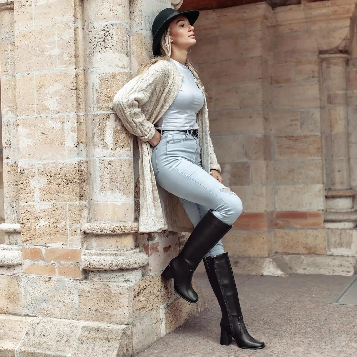 mysoft Women's Knee High Boots Block Chunky Heel Square Toe Tall Boots Side Zipper Long Dress Boots