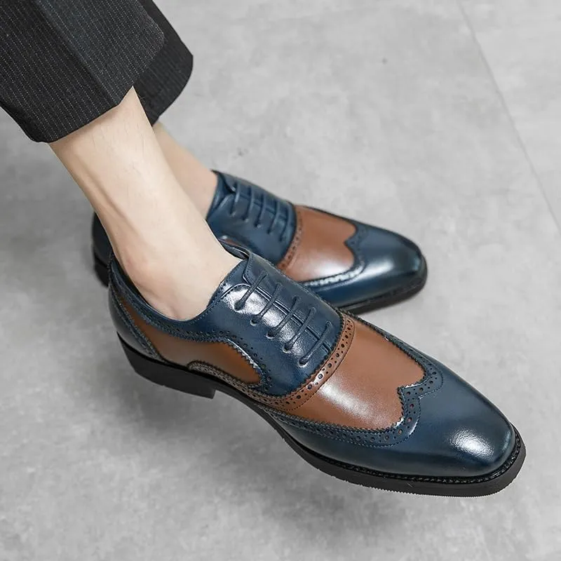 New Patchwork Brogue Pointed Toe Shoes, Fashion Men's Genuine Leather Shoes, Classic Formal Lace-up Oxford Shoes, Two Tone Men's Loafers Shoes