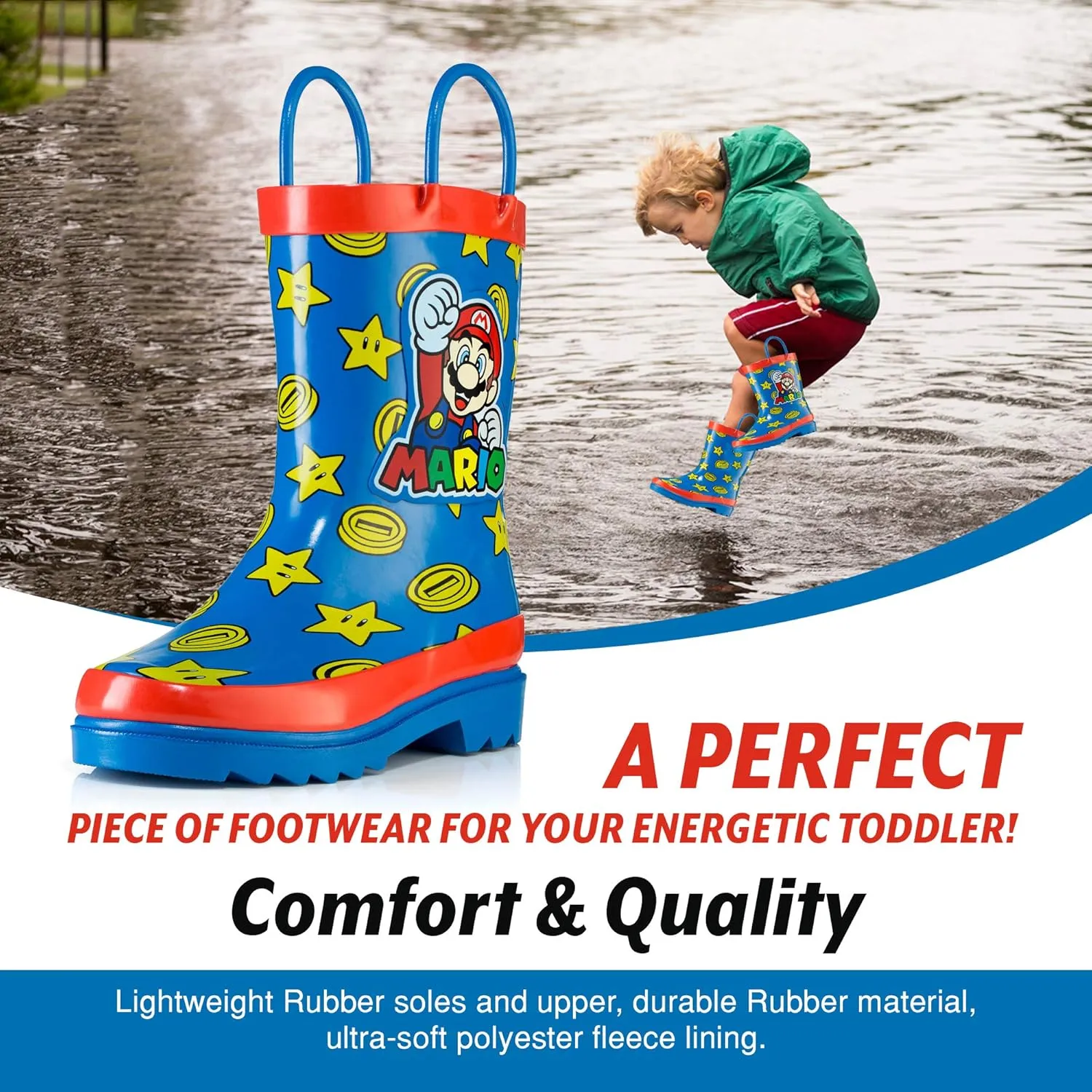 Nintendo Super Mario Boys' Waterproof Rubber Rain Boots with Easy-On Handles – Toddler, Little Kid & Big Kid Sizes