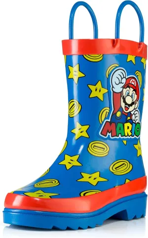 Nintendo Super Mario Boys' Waterproof Rubber Rain Boots with Easy-On Handles – Toddler, Little Kid & Big Kid Sizes