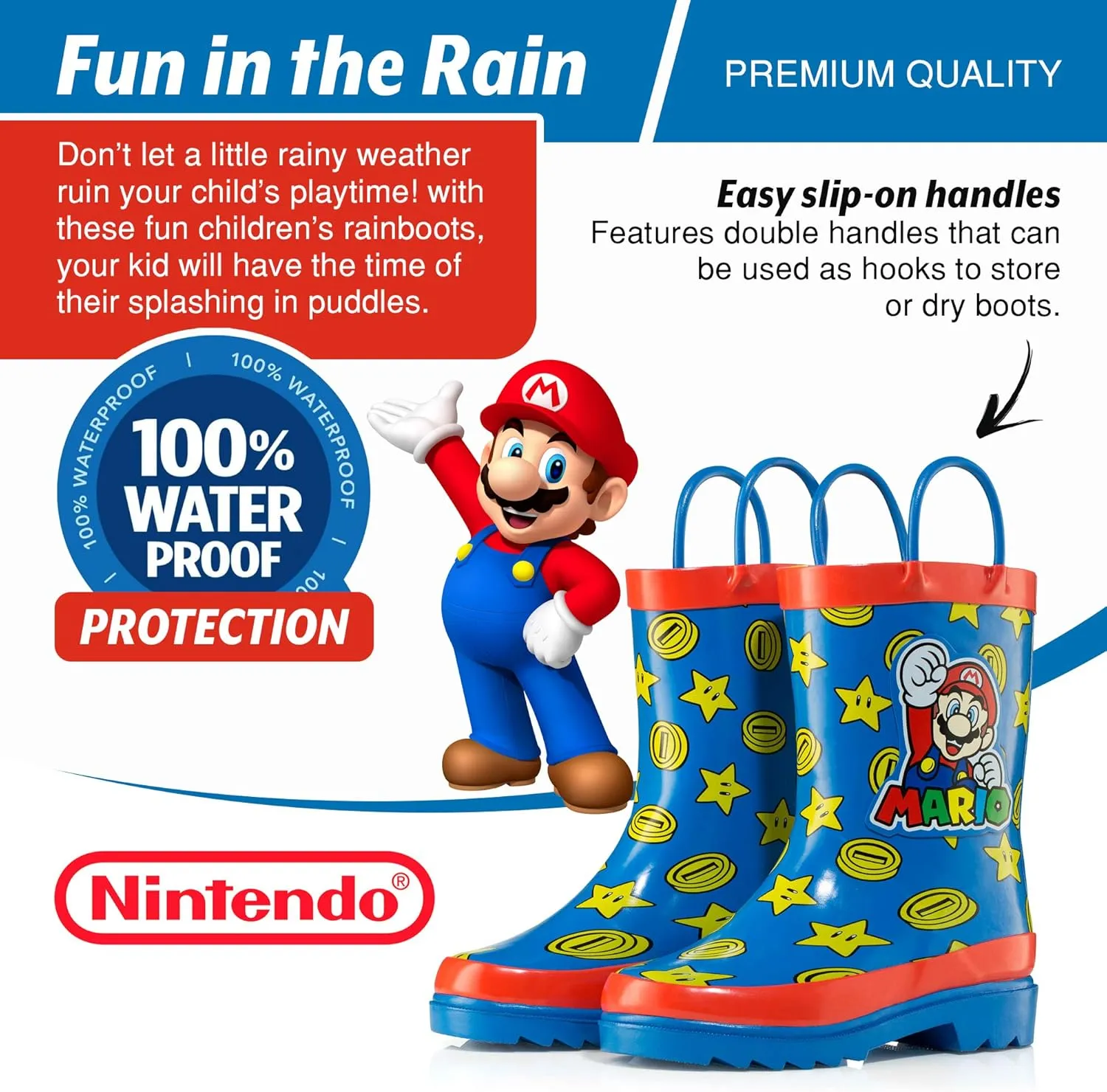 Nintendo Super Mario Boys' Waterproof Rubber Rain Boots with Easy-On Handles – Toddler, Little Kid & Big Kid Sizes